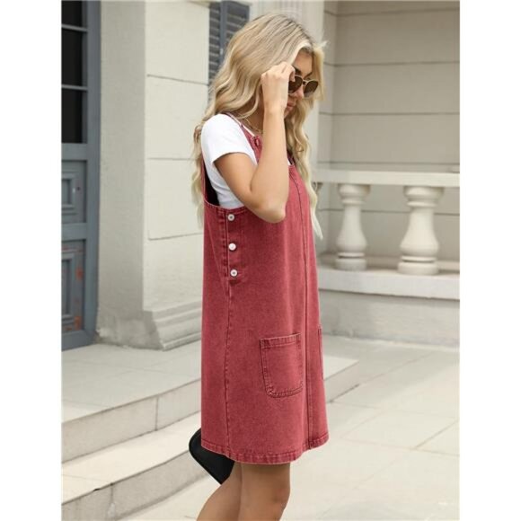 Denim Overall Dress for Women Casual Mini Sleeveless Jean Vintage Jumper - Picture 3 of 5